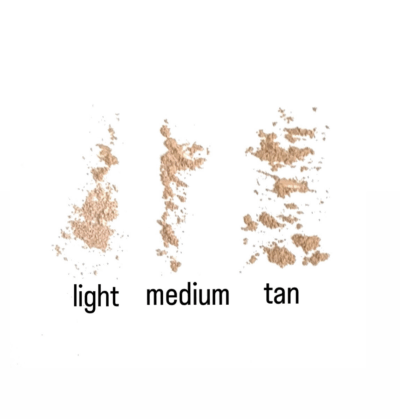 Farbswatches für die drei verschiedenen Sonnenschuztz SPF50+ Puderfarben. Light für sehr helle Hautypen, medium für das meist verwendete mittlere Farbton und den Tan der dunkelste Sonnenpuder