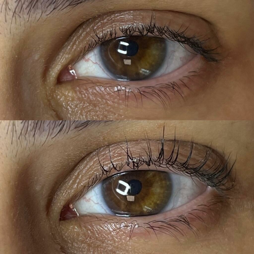 Braune Augen mit Wimpernlifting vorher und nacher