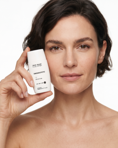 Frau mit Solarflouid von Swissestetic in der Hand